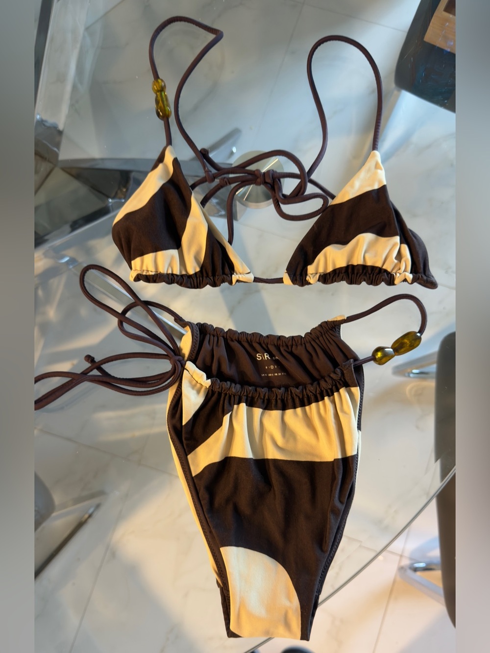 Sir. Brown & Cream Striped Triangle Bikini Set adjustable